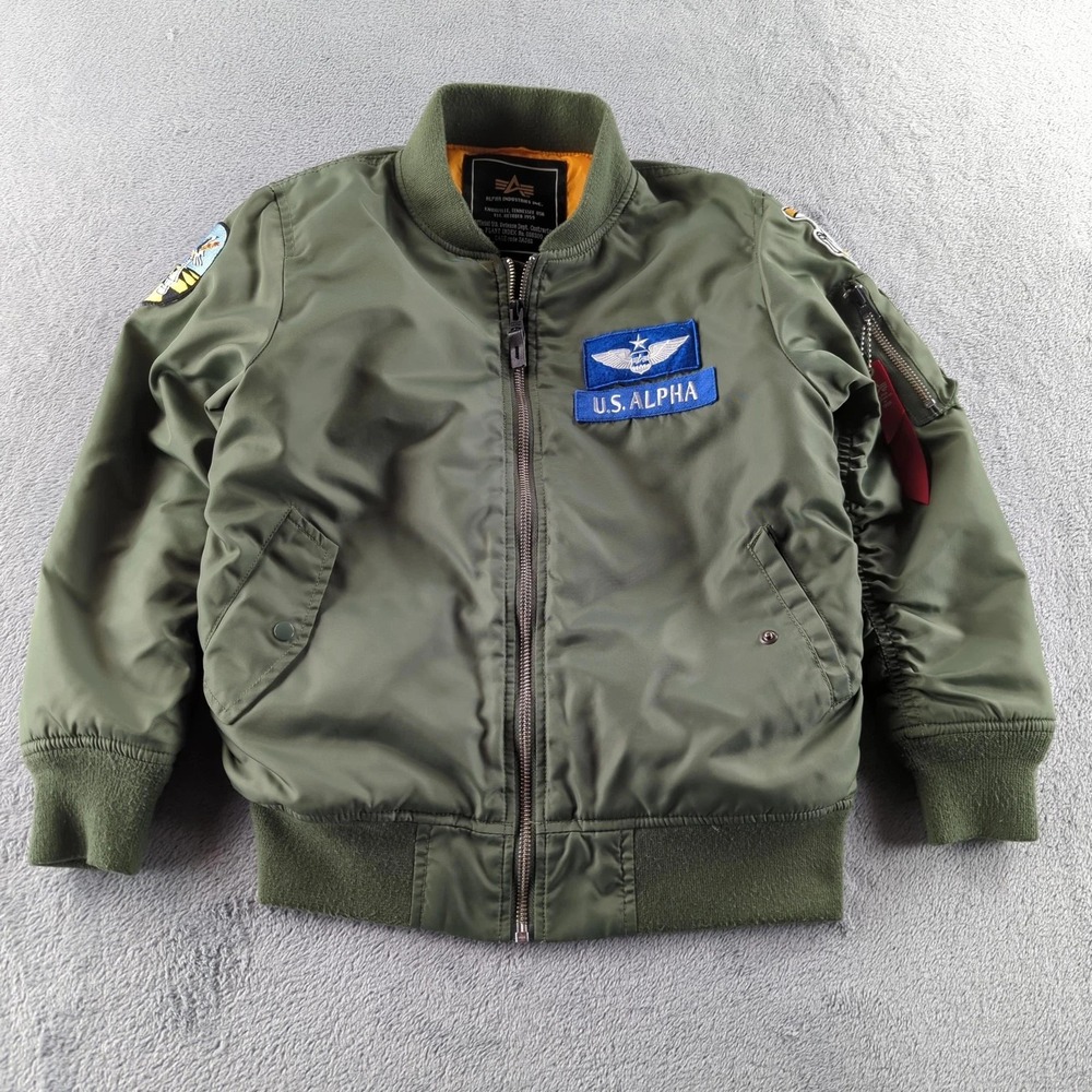 Alpha Industries Bomber Jacket Youth 10 Green U.S. Alpha Flight Patches MA-1